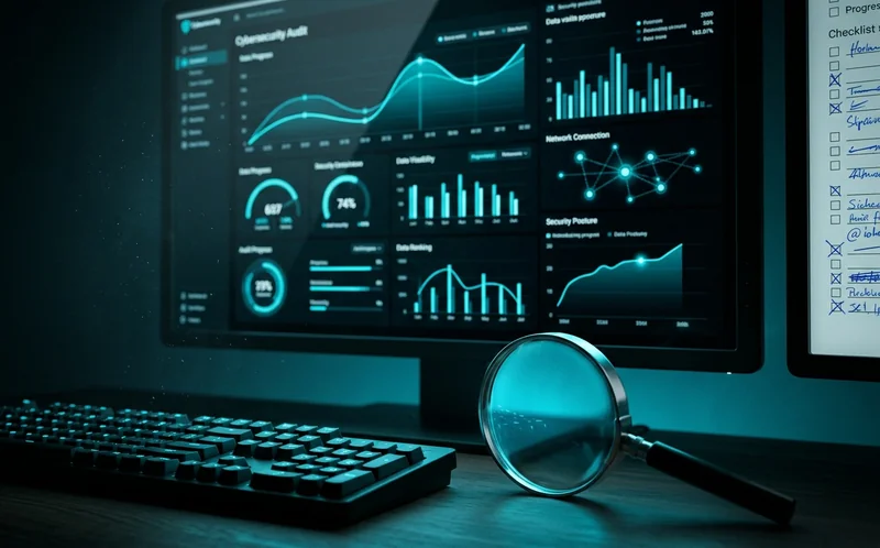 Écran d'ordinateur dans une pièce sombre affichant un tableau de bord d'audit cybersécurité