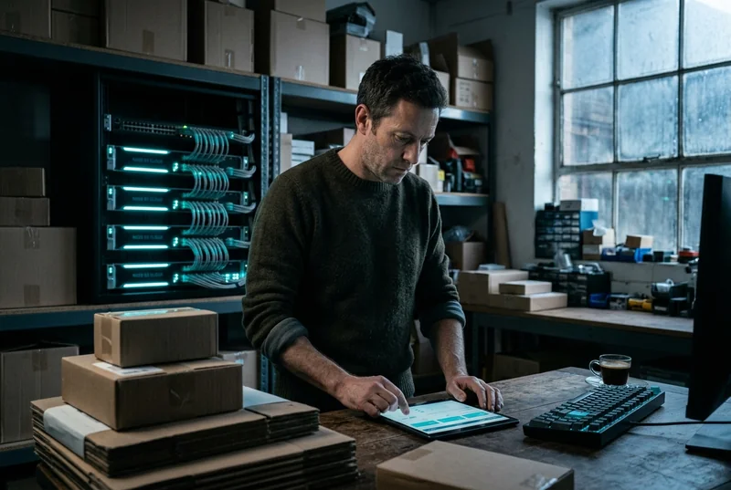 E-commerçant dans un atelier sombre, colis autour de lui, vérifiant une commande sur une tablette