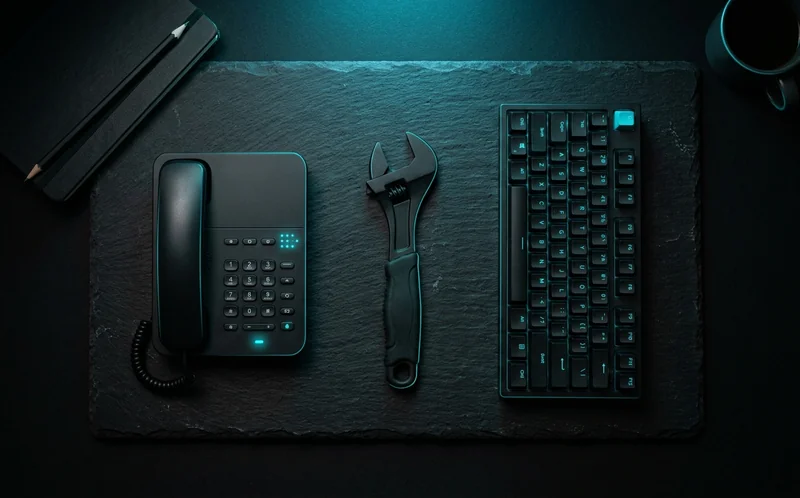 Trois objets sur un bureau sombre : téléphone, clé et clavier mécanique