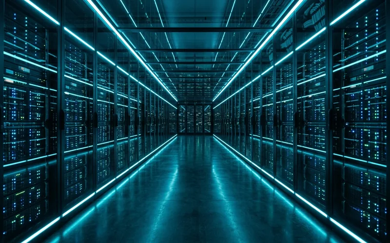 Rangées de racks dans un data center européen avec allée froide cyan