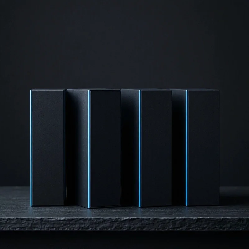 Quatre boîtes noires mates alignées sur une étagère sombre avec accent cyan