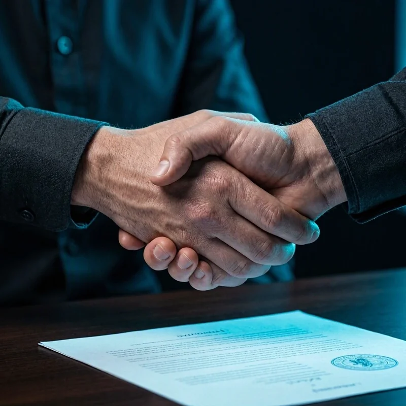 Poignée de main entre deux professionnels, contrat avec sceau cyan sur le bureau