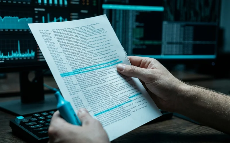 Main tenant des logs imprimés avec surligneur cyan
