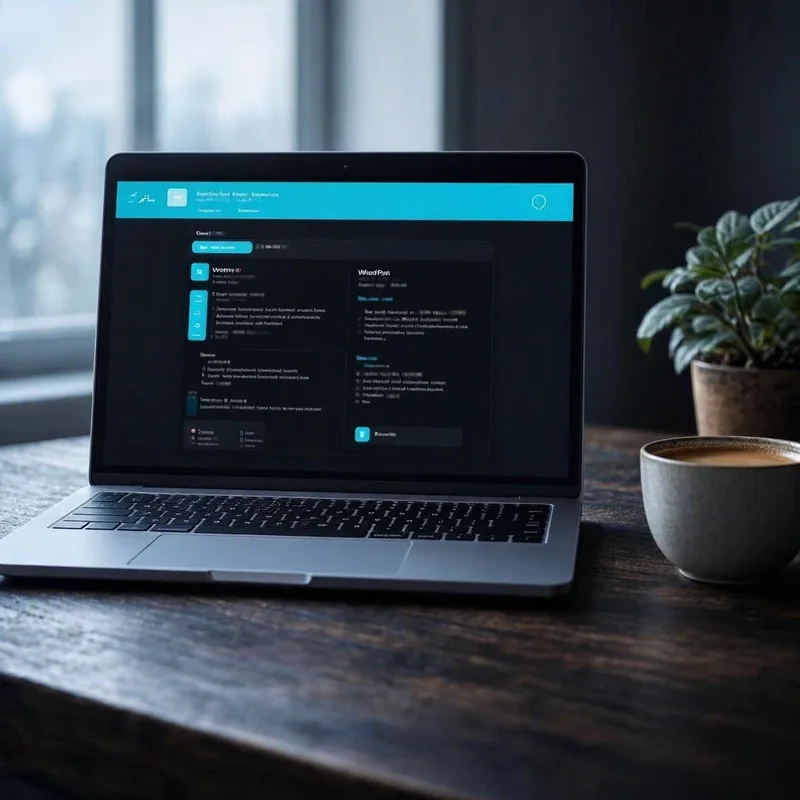 Ordinateur portable avec site WordPress, barre latérale de monitoring et checklist imprimée