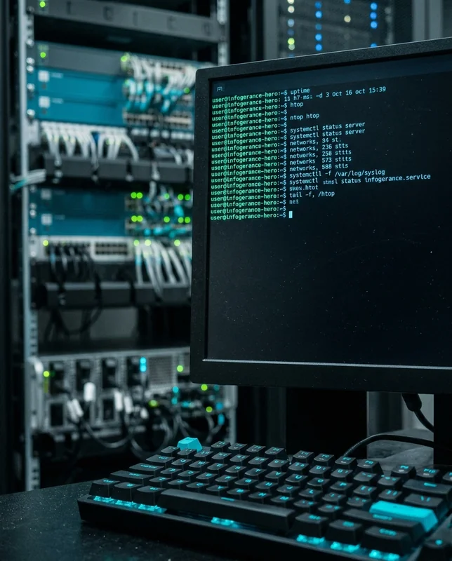 Terminal serveur Linux sur un écran dans une salle serveur sombre