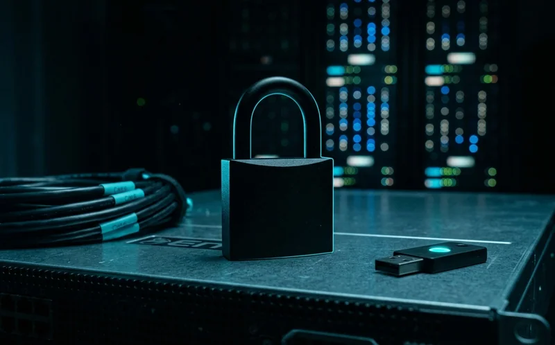 Cadenas noir mat sur un châssis serveur, éclairage cyan