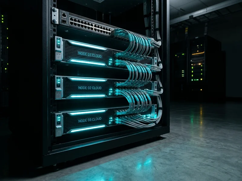 Rack serveur physique à trois nœuds avec LED cyan