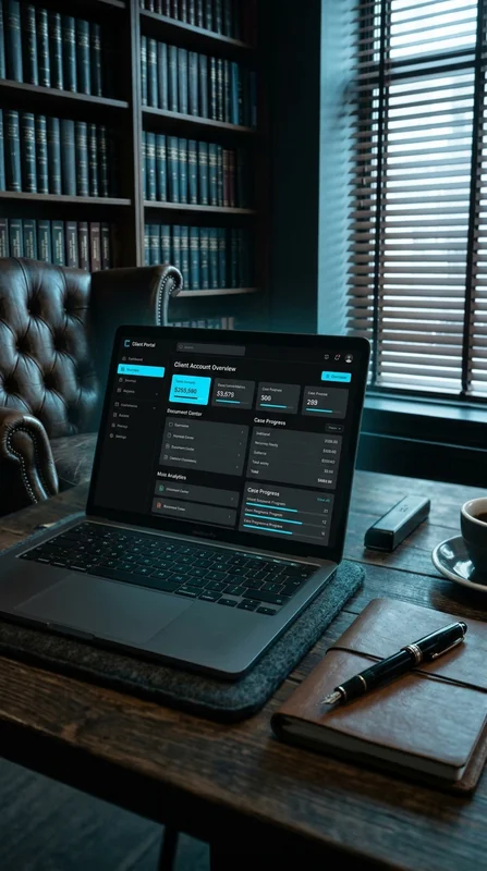 Portail client professionnel sur un ordinateur portable dans un bureau sombre