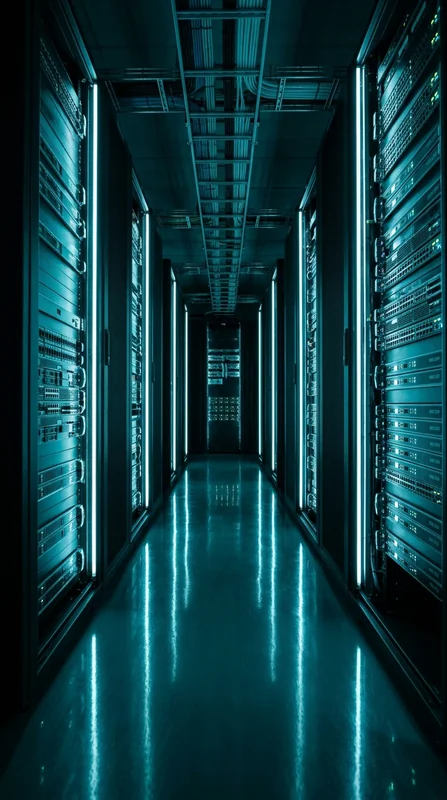 Allée d'une salle serveur professionnelle avec trois racks et LED cyan