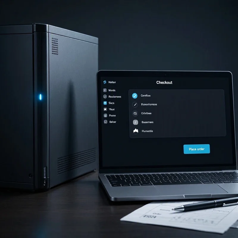 Tour serveur avec LED cyan et ordinateur portable affichant un checkout WooCommerce