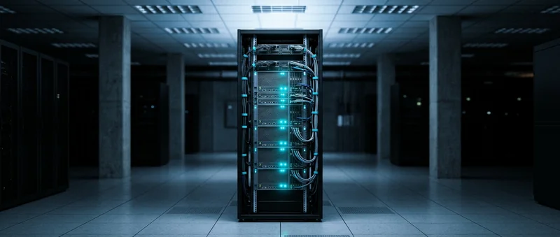 Rack serveur unique isolé dans une allée sombre, LED cyan