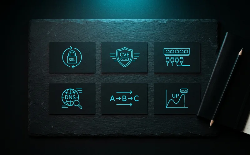 Six cartes noires mates avec icônes cyan de contrôles sur un bureau sombre