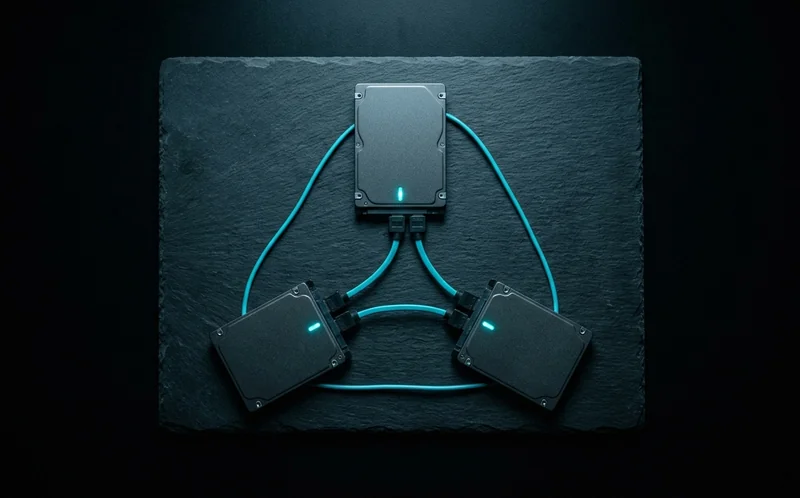 Trois disques durs en triangle reliés par des câbles cyan