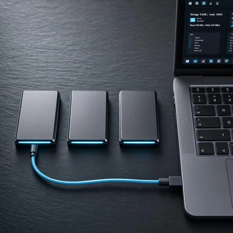 Trois SSD alignés avec LED cyan et ordinateur portable affichant des métriques de stockage