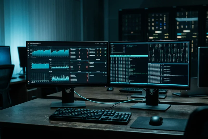 Deux moniteurs côte à côte : dashboard de supervision et terminal serveur