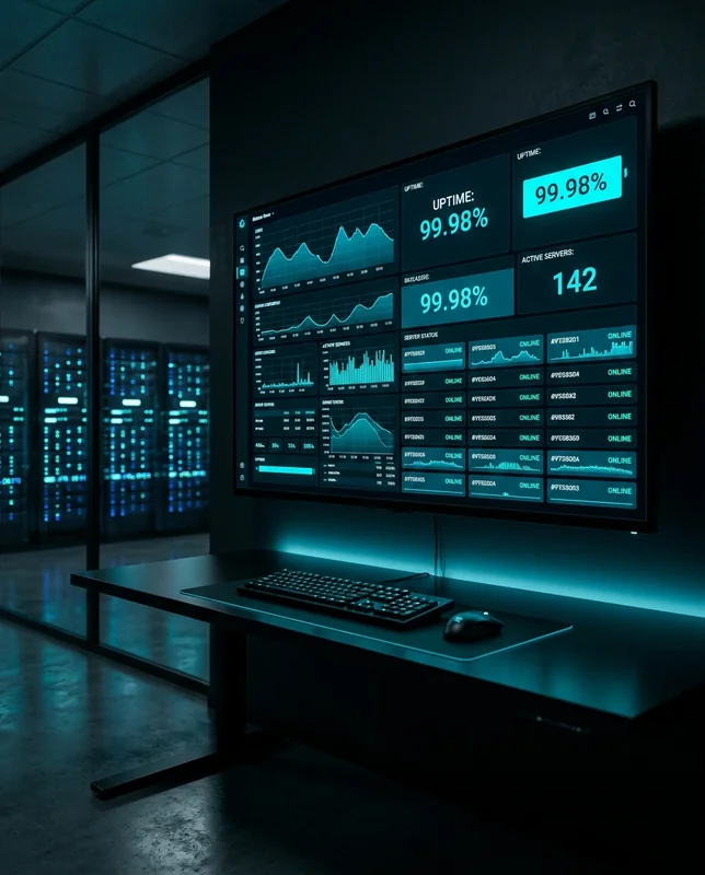 Écran mural dans un NOC sombre affichant un dashboard de disponibilité serveur