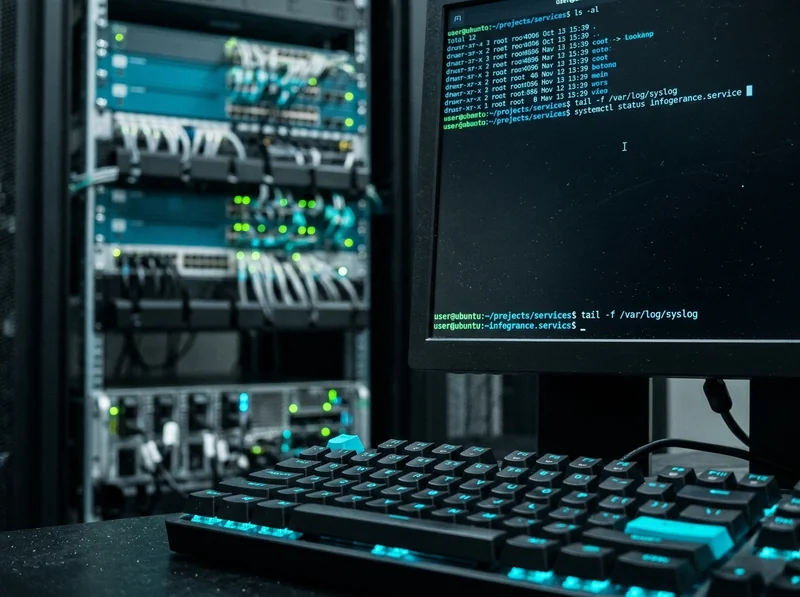 Terminal Linux et clavier mécanique devant un rack serveur