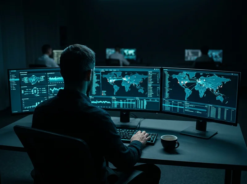 Analyste sécurité de dos devant trois écrans dans un SOC