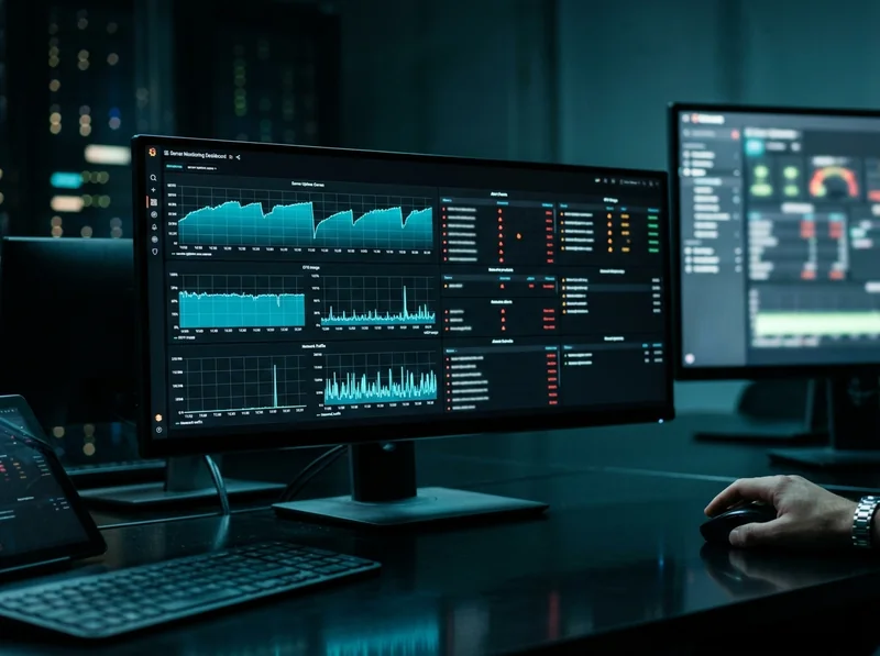 Dashboard de supervision en mode sombre sur un écran ultra-large