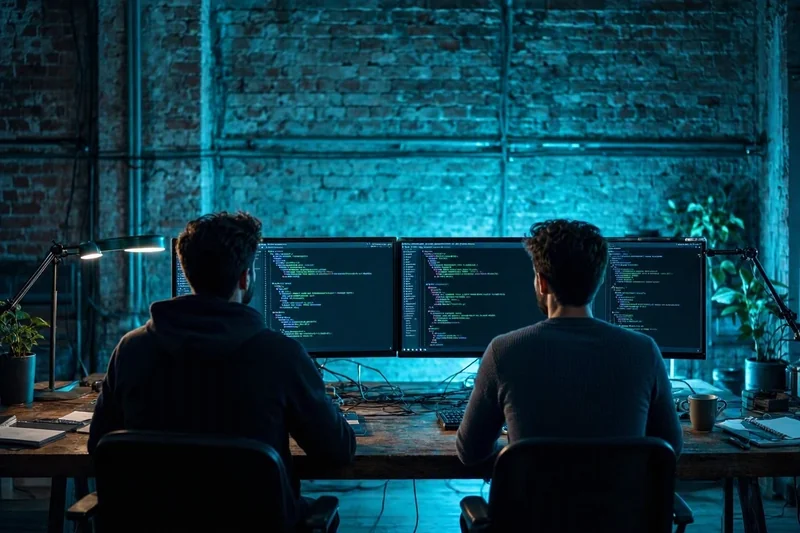 Studio d'agence web la nuit, deux développeurs devant des écrans de code